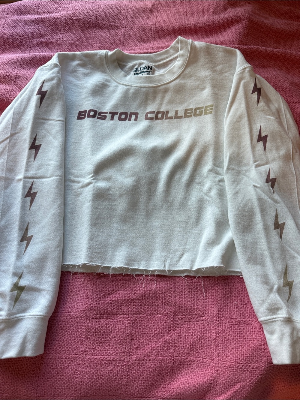 Boston College White Cropped Sweatshirt with Lightning Bolts